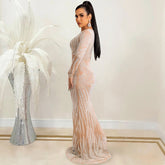 Robe transparente à manches longues en maille strass pour boîte de nuit